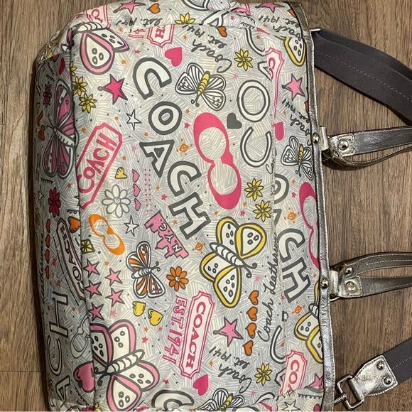 Coach Butterfly Bandana Graffiti Diaper Bag Metallic Silver Pink Yellow - Picture 8 of 17